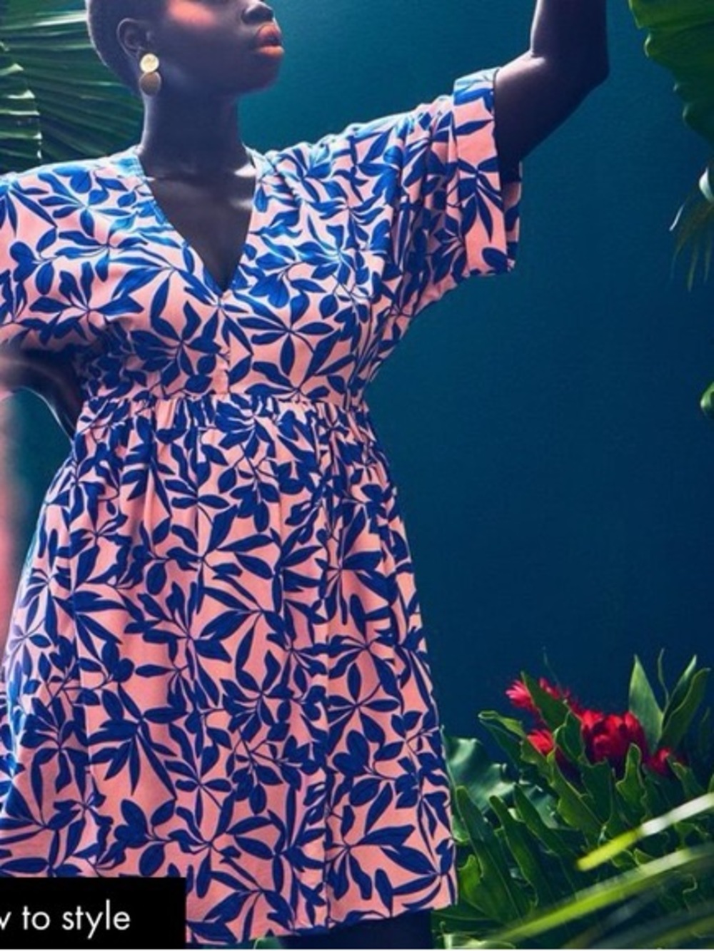 Eloquii Pink and Blue Leaf-Print V-Neck Mini Dress